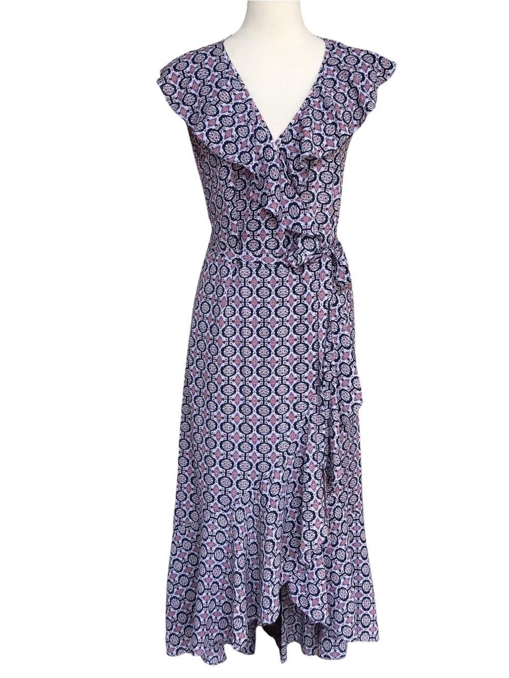 Max Studio Geometric Sleeveless Ruffle Wrap Midi Dress Size Medium NEW